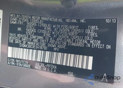 2014 Toyota Sienna Le V6 8 Passenger из США, поврежденный, VIN 5TDKK3DCXES418790